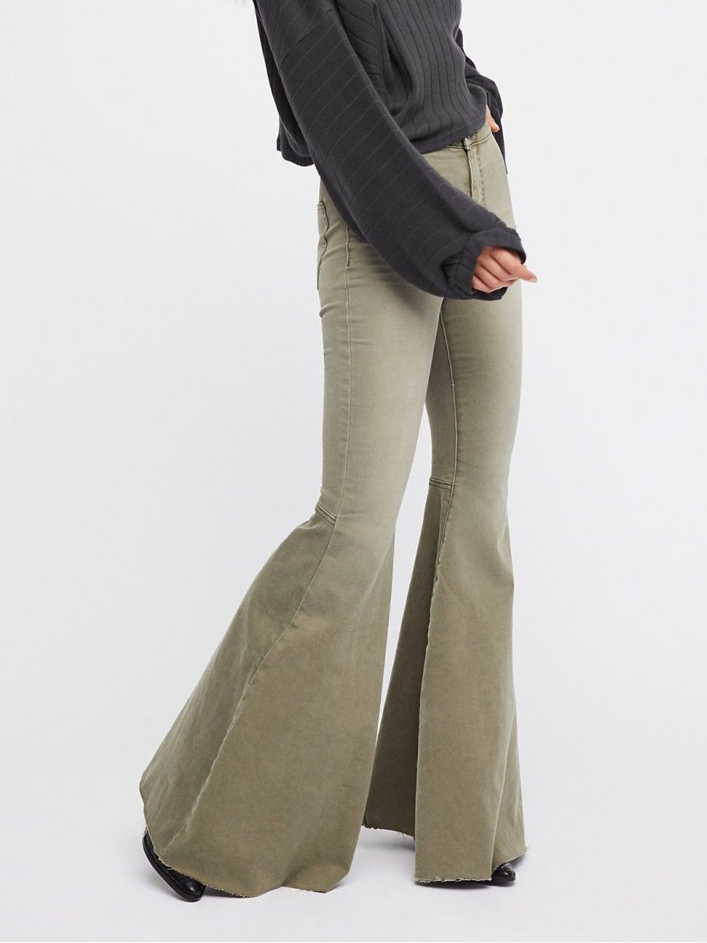 Free People Just Float On Flare Jeans Wash Olive Green Size 26 Boho Raw Hem High